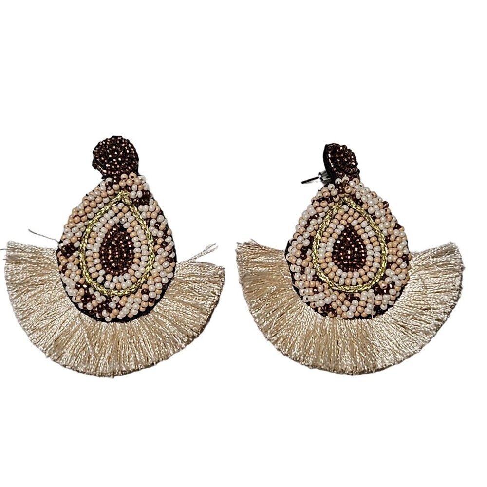 Handmade Boho Seed Beaded Tassel Dangle Earrings  Brown Tan Beads Jewelry Women